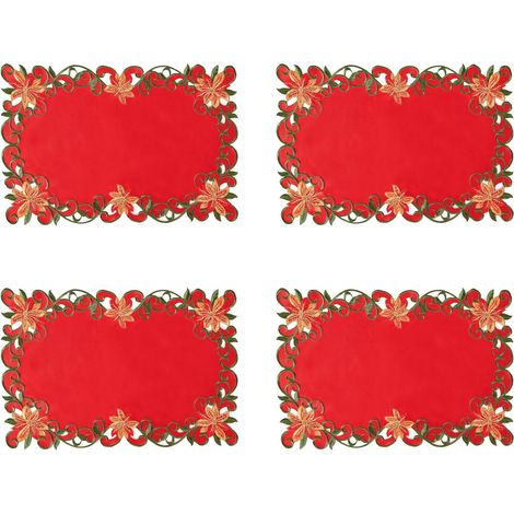 Set de table brodé ajouré en 4 pièces, orné de fleurs rouges et de feuilles vertes - 2843 (1/4)