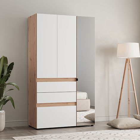 Guardaroba 3 Ante Zuccare, Armadio Camera da Letto Appendiabiti, 3 Cassetti, 4 Ripiani, 117x52 cm Bianco Opaco (1/5)