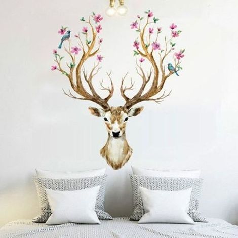 Sticker Mural Amovible Cerf Tête Fleurs Oiseau Autocollant Décalque Décor Maison-Ywey (1/5)
