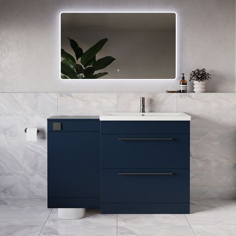 Napoli 390 Deep Blue 1300mm 2 Drawer Vanity Unit Toilet Suite with Glide Basin - 1300mm - Gunmetal Grey 480mm HandleWithout Kingston Toilet Pan