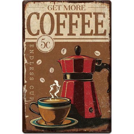 1 pièce Plaque en tôle en métal 20x30cm Fer et Café et Cafétière Signe Aspect Rouille Get More Coffee Endless Cup Affiche en tôle Café Bar Maison Bureau Cuisine Décoration (1/5)