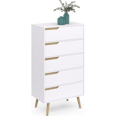 Idmarket – Chiffonnier scandinave 5 tiroirs blanc 60 cm – Commode moderne avec pieds en pin massif – Rangement compact pour chambre ou bureau