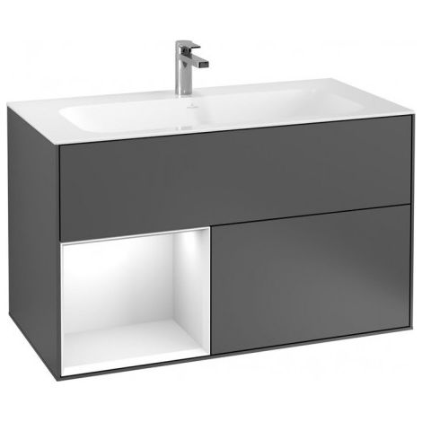Finion, Meubles sous vasque, 996 x 591 x 498 mm,avec meuble étagère (éclairé), modèle suspendu, En bois, éclairage LED, 1x LED / 2,3W, 2700 Kà 6480 K , Glossy White Lacquer