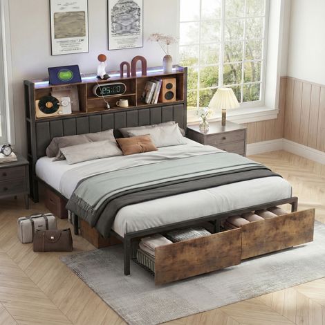 BLANKETSWARM - Lit adulte 160x200 cm métal noir et naturel – 2 tiroirs – Tête de lit avec rangement – Éclairage LED – USB – Dossier souple en PU – Sommier à lattes – Design industriel moderne, Noir (1/5)
