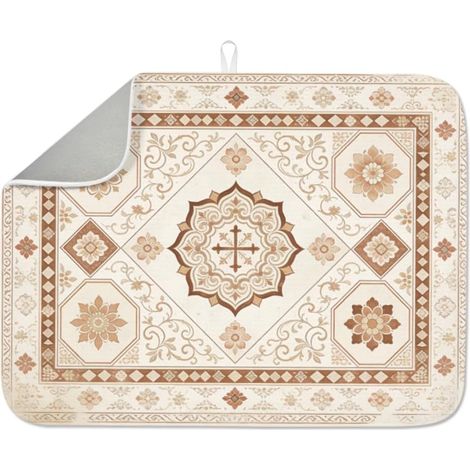 Tapis de séchage à vaisselle vintage bohème 45 x 60 cm, tapis de séchage à motif floral rétro, tapis absorbant résistant à la chaleur avec boucle de suspension pour table, comptoir, évier, bar (1/5)
