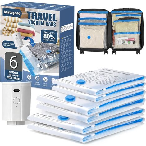 6PCS Sacs de Rangement Sous Vide pour Voyage et avec Pompe Électrique - 245x55+ 240x50+ 235x40cm Épais et Imperméables, Adaptés aux Valises et Sacs à Dos, Économisez 70% de l'Espace (1/5)