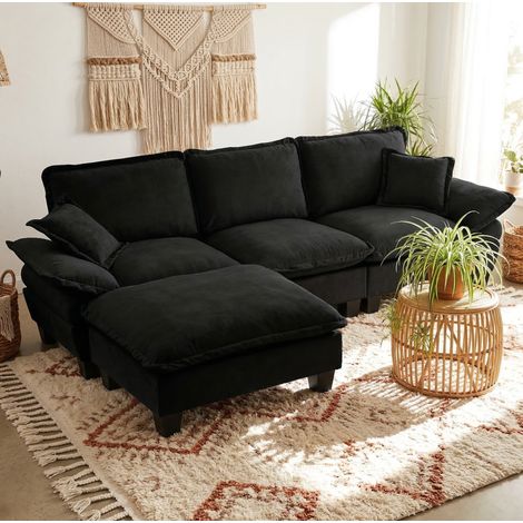 Canapé d'angle modulable chenille noir avec ottomane OKMYHOME (1/5)