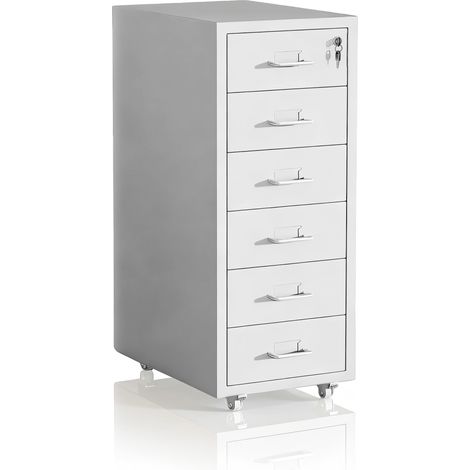 Cajonera Relaxdays, 6 cajones, (alto x ancho x fondo): 69 x 28 x 41 cm, con cerradura, archivador metálico, blanco