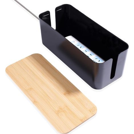 Cable Management Box: Cable Storage Box with Bamboo Lid - Cable Management Box to Organize and Conceal Cables (Black) (1/5)