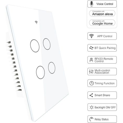 Interruptor Wi-Fi inteligente de 4 vías, panel táctil, blanco/negro (120 mm), cristal templado, estándar estadounidense, control múltiple, aplicación Alexa, temporizador RF433 (1/5)