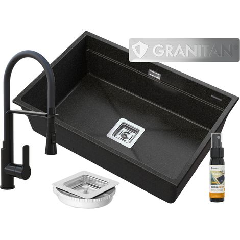 Évier sous-plan en granit noir pailleté doré avec robinetterie extractible, siphon carré et accessoires – modèle Epir 70 Golden Line. (1/5)