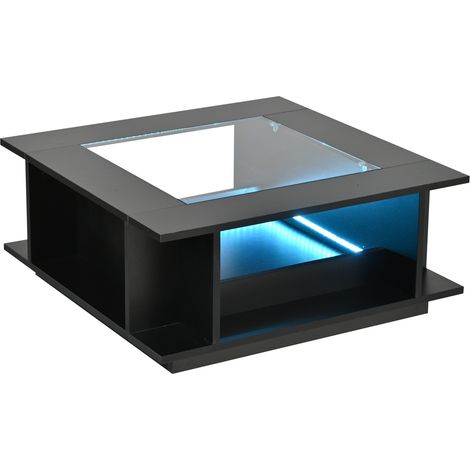 Quadratischer Couchtisch 70x70x30 cm, schwarz, Glasplatte, LED, hochglänzend (1/5)