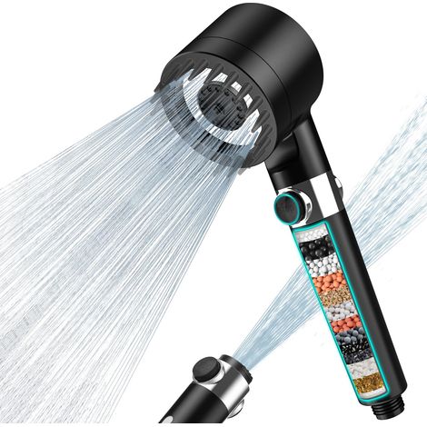 Pommeau de douche anti-calcaire avec filtre 15 niveaux et flexible 1,5m, douchette économique 3+1 buses haute pression, noir, kit salle de bain (1/5)