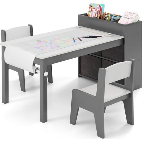 Conjunto de mesa y sillas para ninos mesa de dibujo con dos sillas rollo de papel y portarrollos gris