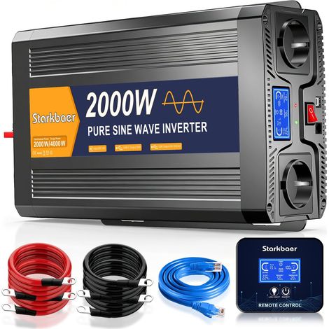Convertisseur 12V vers 230V Onde Sinusoïdale Pure 2000W/4000w Onduleur Auto Transformateur de Tension avec Télécommande, Écran LCD, 2 Prises EU, USB-C (1/5)