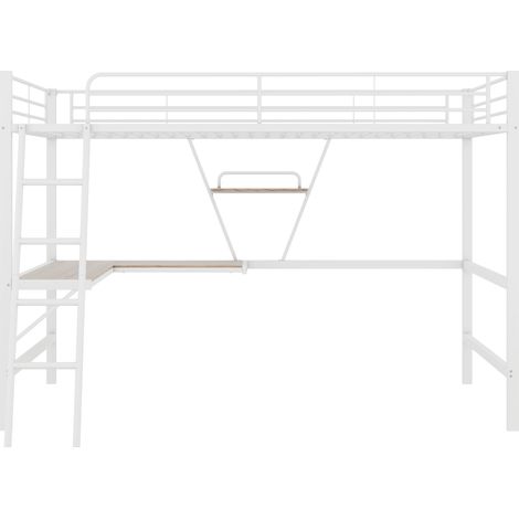Lit mezzanine, cadre de lit 90x200 cm, lit en métal, lit en fer, lit mezzanine avec bureau en L et une étagère pour enfants, adolescents et adultes, sans matelas, blanc (1/5)