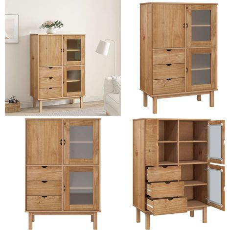 Vidaxl – Buffet haut OTTA 85x43x125 cm en bois massif de pin – 3 tiroirs et 3 portes – Armoire de rangement moderne – Style classique
