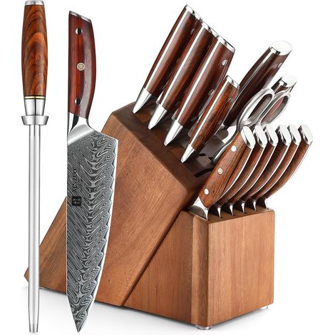 Damascus 15-Piece Kitchen Knife Set with Knife Block Acacia Wood, Damascus Steel, 67 Sharp Layers Chef Knife Set – Multifunctional Kitchen Scissors and Steel Sharpening Gun (1/5)