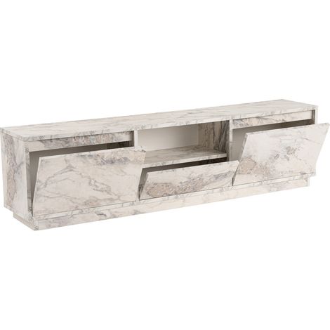 VIANA - Meuble TV 3 portes 1 niche couleur marbre blanc et gris