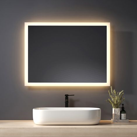 Heilmetz Espejo de baño con luz 80 x 60 cm, espejo de baño con iluminación blanca cálida 3000K, espejo de pared IP44, bajo consumo (1/5)