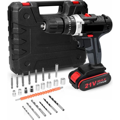 Trapano avvitatore a batteria da 21 V, trapano elettrico a batteria da 45 Nm con cassetta degli attrezzi, trapano elettrico a batteria con 2 batterie da 1,2 Ah, 2 velocità, 25+3 impostazioni di coppia (1/5)
