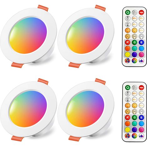 Spots LED Encastré 8W (équivalent 60W) Découpe 68-85mm, Couleur RGB Changement Variation Coloré RGBW IP44 Blanc froid 5700K Rond Encastrables par Télécommande (lot de 4) (1/5)