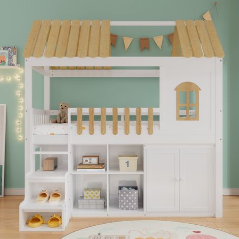 Lit superposé, grand espace de rangement, lit en bois, avec armoire, fenêtre, cadre en pin, étagère à chaussures, marches sécurisées, design minimaliste, rambarde robuste, blanc et naturel, 90 x 200 c (1/4)