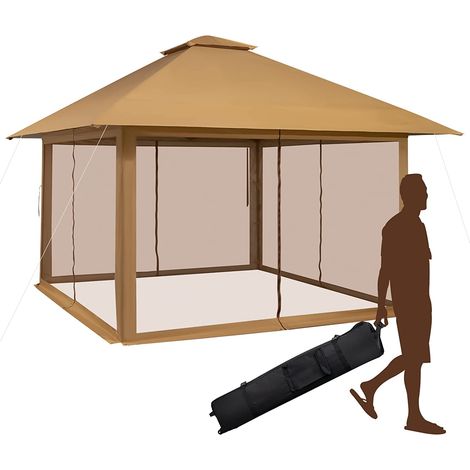COSTWAY Carpa Plegable 4x4M, 4 mosquiteras con Cremallera y Doble Techo Ventilado, Bolsa de Transporte con Ruedas, Altura Ajustable, Cenador de Jardín, Gazebo Pabellón Plegable (café) (1/5)