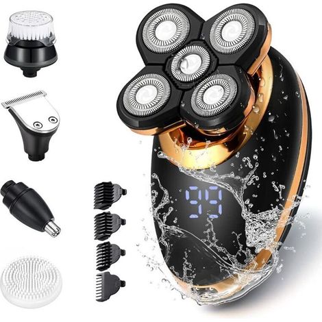 Rasoir électrique pour homme – Kit de rasage multifonction 5-en-1 pour crâne rasé : rasoir rotatif 5D à têtes flottantes, sans fil, rechargeable par USB, étanche, avec tondeuse à barbe et écran LED. (1/5)
