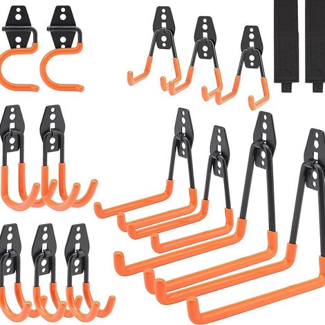Set mit 16 Garagenhaken, multifunktionaler Garagenorganizer aus robustem Stahl, wandmontierter Werkzeugorganizer zum Aufhängen von Gartengeräten, Leitern und schweren Gegenständen (orange)