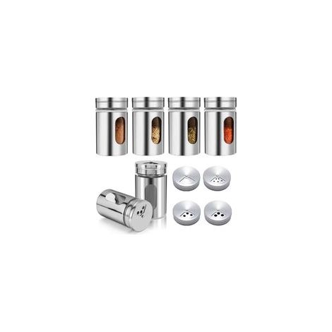 Ensemble de 6 pots à épices, 80 ml chacun, avec bouchon distributeur, salière en verre avec trou de versement réglable (). (1/5)