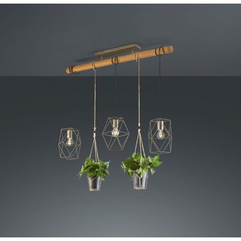 PLANT SOSPENSIONE GABBIA 3 LUCI METALLO ACCIAO ANTICATO E CORDA 2 PORTA PIANTA L. 100CM (1/6)