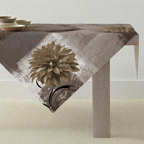 Nappe 100x100cm Marron Gris Fleur Rétro Lavable Carré Style Ferme