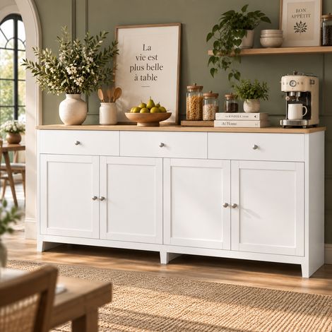 Buffet de cuisine moderne blanc 160x37x75 cm, 3 tiroirs 4 portes, étagères réglables, panneaux d’aggloméré et métal, meuble de rangement pratique pour salon et cuisine