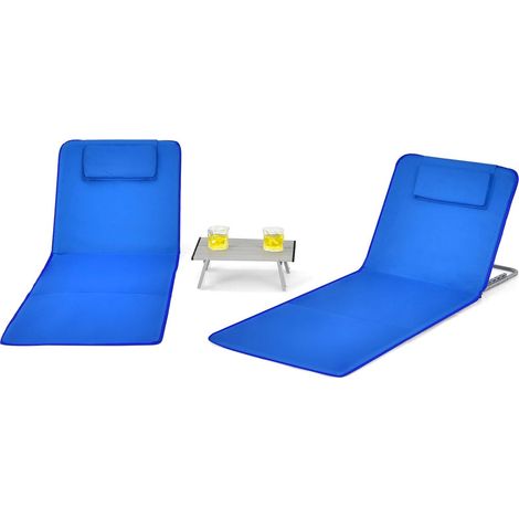 COSTWAY Ensemble de Tapis de Plage Pliables 2 pcs avec Table d’Appoint, Matelas de Plage avec Hauteur Réglable 27-47cm pour Camping Bleu (1/5)