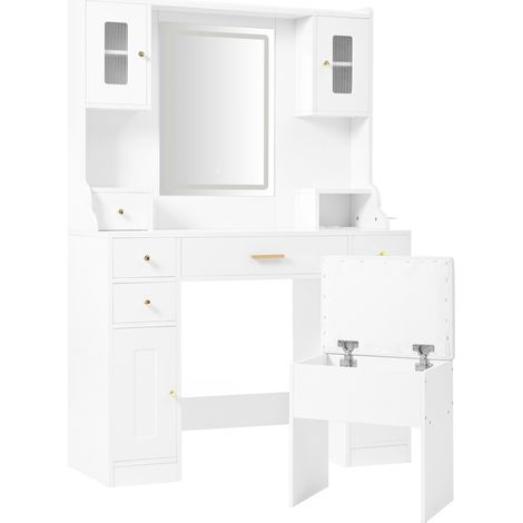 Grand meuble coiffeuse blanc avec éclairage LED réglable, miroir HD, 6 tiroirs, 4 portes, prise intégrée, 105×152×40 cm (1/5)