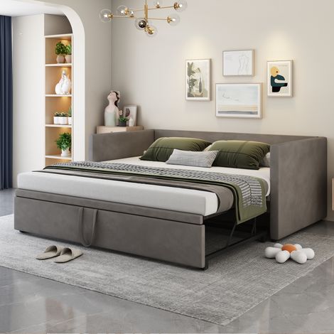 Divano letto 90x200 cm grigio in velluto, struttura in MDF con rete estraibile (1/5)