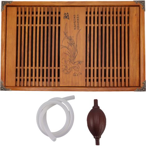 Plateau à thé Kungfu chinois avec système de drainage et réserve d'eau, en bois, avec tuyau d'évacuation et orchidée jaune. (1/5)