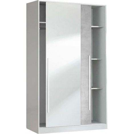 Armadio Guardaroba Con Ante Scorrevoli Barra Appendiabiti E 4 Ripiani Mobile A Parete Salvaspazio Design Scandinavo Per Camera Cameretta 200 X 120 X 50 Cm Bianco E Grigio Cemento (1/5)