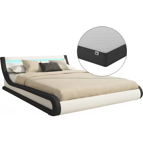 Letto Contenitore Letto con Testiera e Rete Struttura Letto LED Bianco e Nero Llegno ed Ecopelle Modello Parisina Per Materasso 140x190