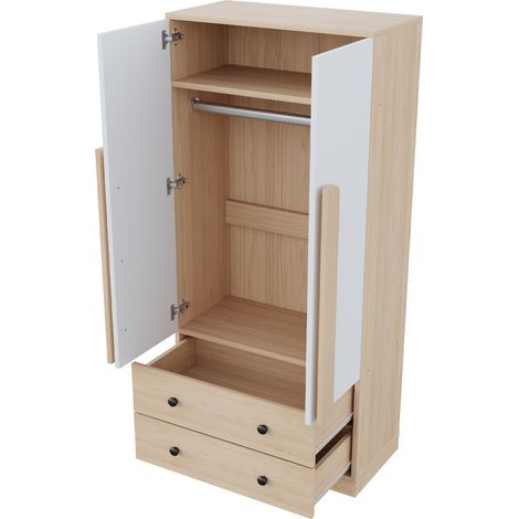 Schrank 70 x 40 x 170 cm mit Doppeltüren, Schubladen und Regalen, Naturholz und Weiß, MODENUIT (1/5)
