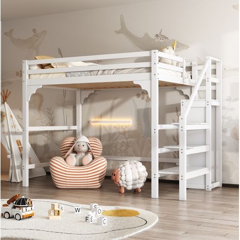 MEUBLIV Lit mezzanine 140x200 cm blanc – avec armoire et escalier, sans matelas (1/5)