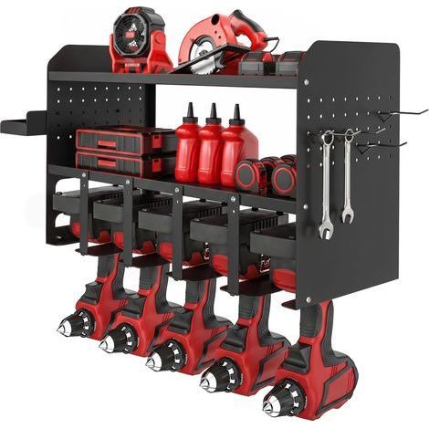 Organisateur d'outils de jardin à deux niveaux, support avec crochets, poches latérales, capacité jusqu'à 50 kg, 61,8 x 23 x 32,7 cm, noir (1/5)