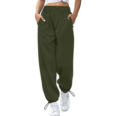 Pantalon De Loisirs - Taille L - Taille Haute Élastique - Jambes Large - Cordon De Serrage Aux Chevilles - Poche Latérale - Vert Olive (1/5)