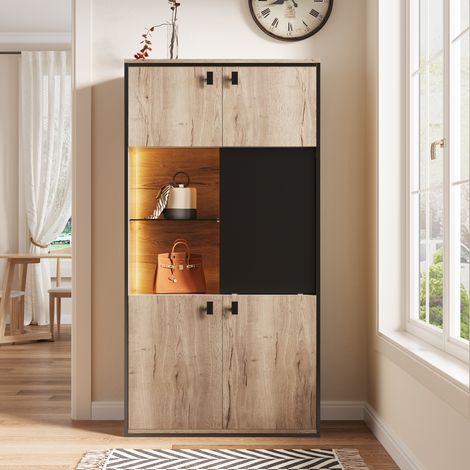 Armadio in legno ingegnerizzato naturale e nero, 77,8 x 36 x 150 cm, 3 zone con cassetto, anta scorrevole e doppie ante