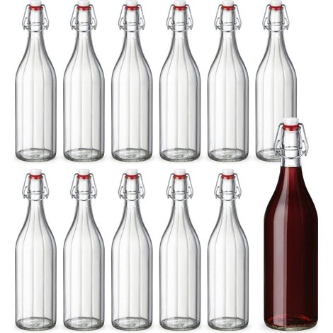 Set 12 bottiglie in vetro da 1 litro costolate con tappo meccanico e chiusura ermetica - Robusta, lavabile e Made in Italy - Ideale per acqua, vino, olio e liquori (1/5)