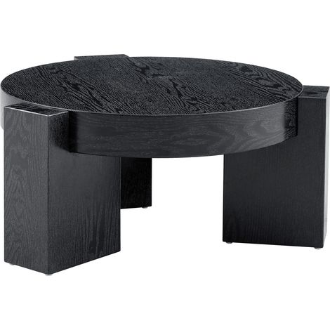 Set de tables basses rondes avec plateau en verre gris transparent et pieds MDF noir imitation bois (1/5)