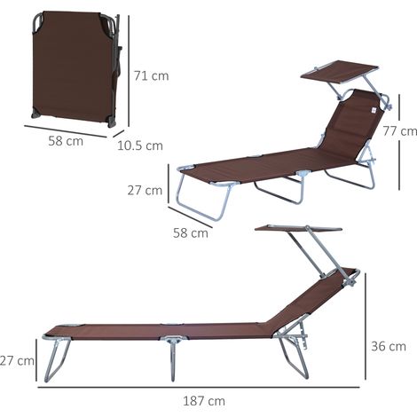 Transat de jardin pliable avec pare-soleil, Brun, 187x58x36 cm, idéal pour balcon et terrasse, chaise longue réglable (1/5)