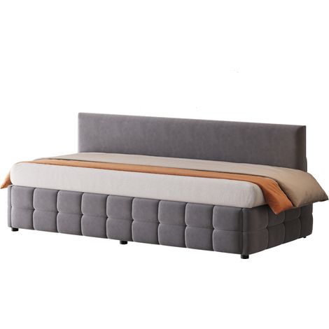 Canapé-lit 90x200 cm en velours gris avec coffre hydraulique, tête de lit et cadre à carreaux, sans accoudoirs, pour chambre compacte – CHICFURN (1/5)
