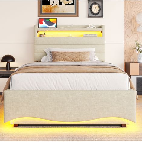 Polsterbett 90x200 cm beige aus Leinen, mit LED, hydraulischem Stauraum und USB-/Typ-C-Anschlüssen (1/5)